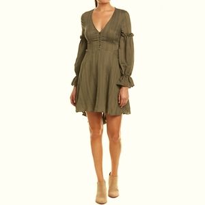 BCBG Dusty Olive Boho Prairie Style Dress Ruffle M